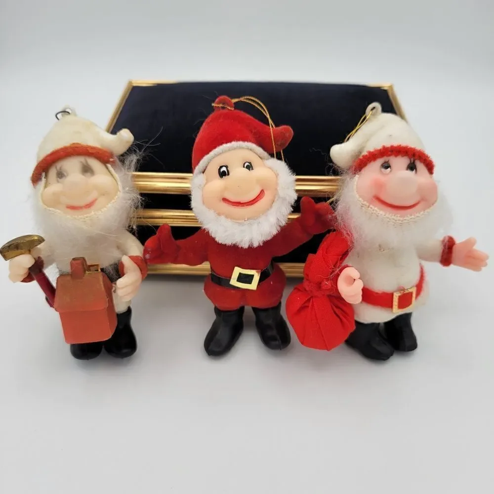 Adorable Trio of Vintage Flocked Santa & Santa's Helpers Elves Ornaments